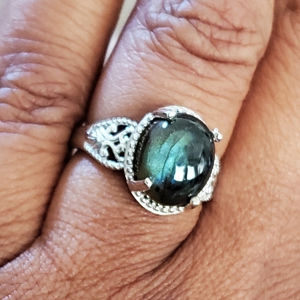 Labradorite Oval Solitaire Ring Platinum Plated